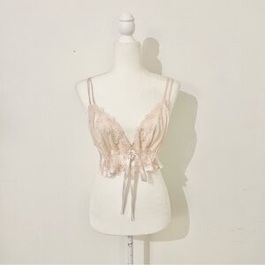 vintage delicate pink mesh eyelet ribbon crop top with sequins
